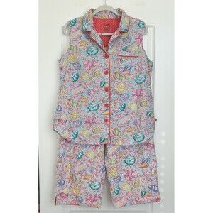 Nick & Nora Summer Pajama Set Sz L Blue Pink Seashell Coral Cotton Sleepwear